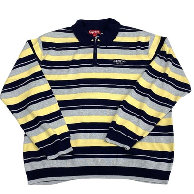 Supreme シュプリーム Stripe Zip L/S Polo (Navy) 24FW ストライプ ジップポロシャツ ポロシャツ L コットン マルチカラー メンズ【中古】