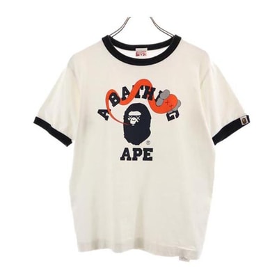 A BATHING APE KAWS アベイシングエイプ カウズ 日本製 ロゴプリント 半袖 Tシャツ S ホワイト