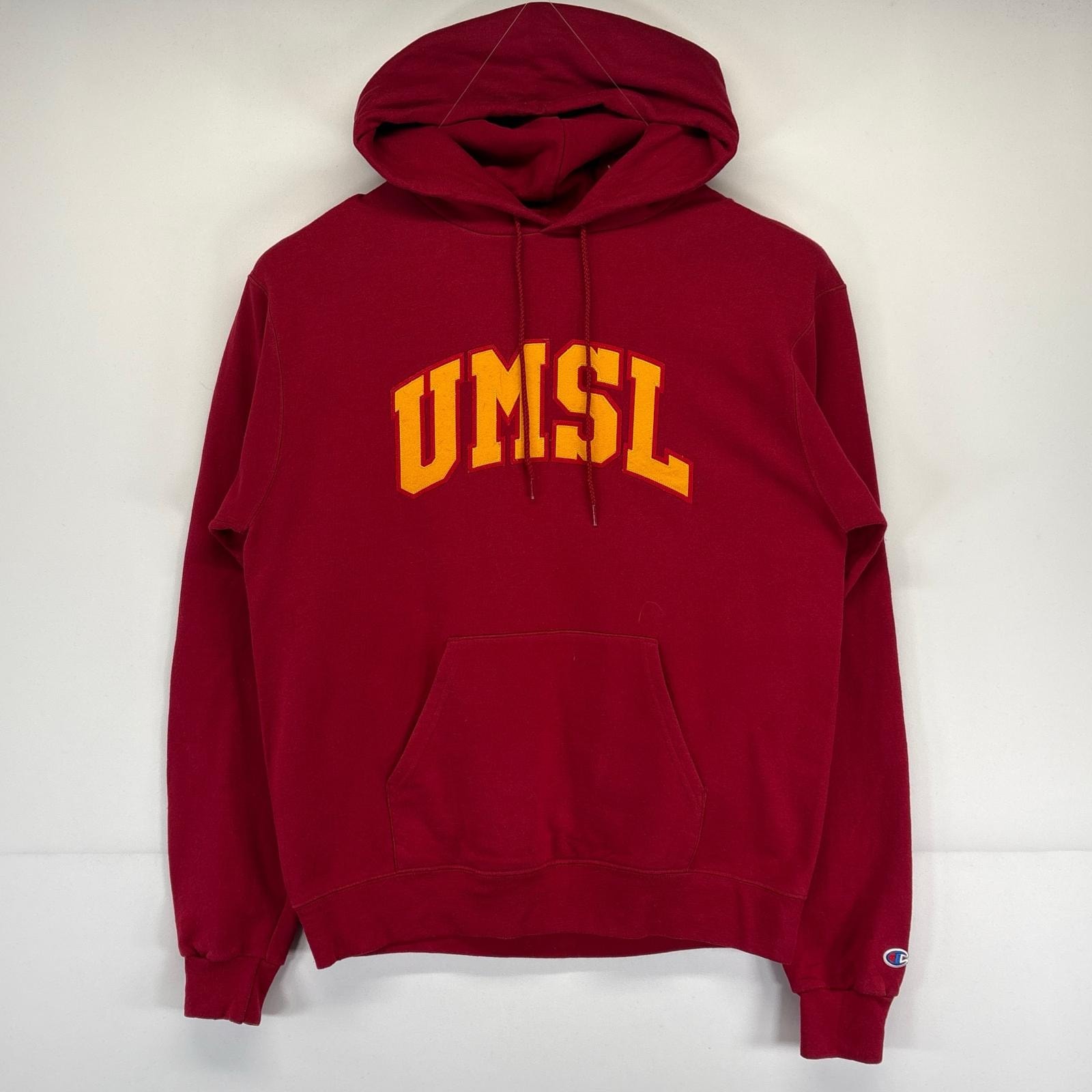 古着 チャンピオン Champion パーカー プルオーバー トレーナー 大判刺繍デザイン フーディー スポーツ M  レッド メンズ