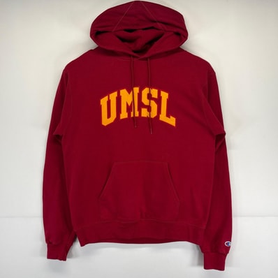 古着 チャンピオン Champion パーカー プルオーバー トレーナー 大判刺繍デザイン フーディー スポーツ M レッド メンズ