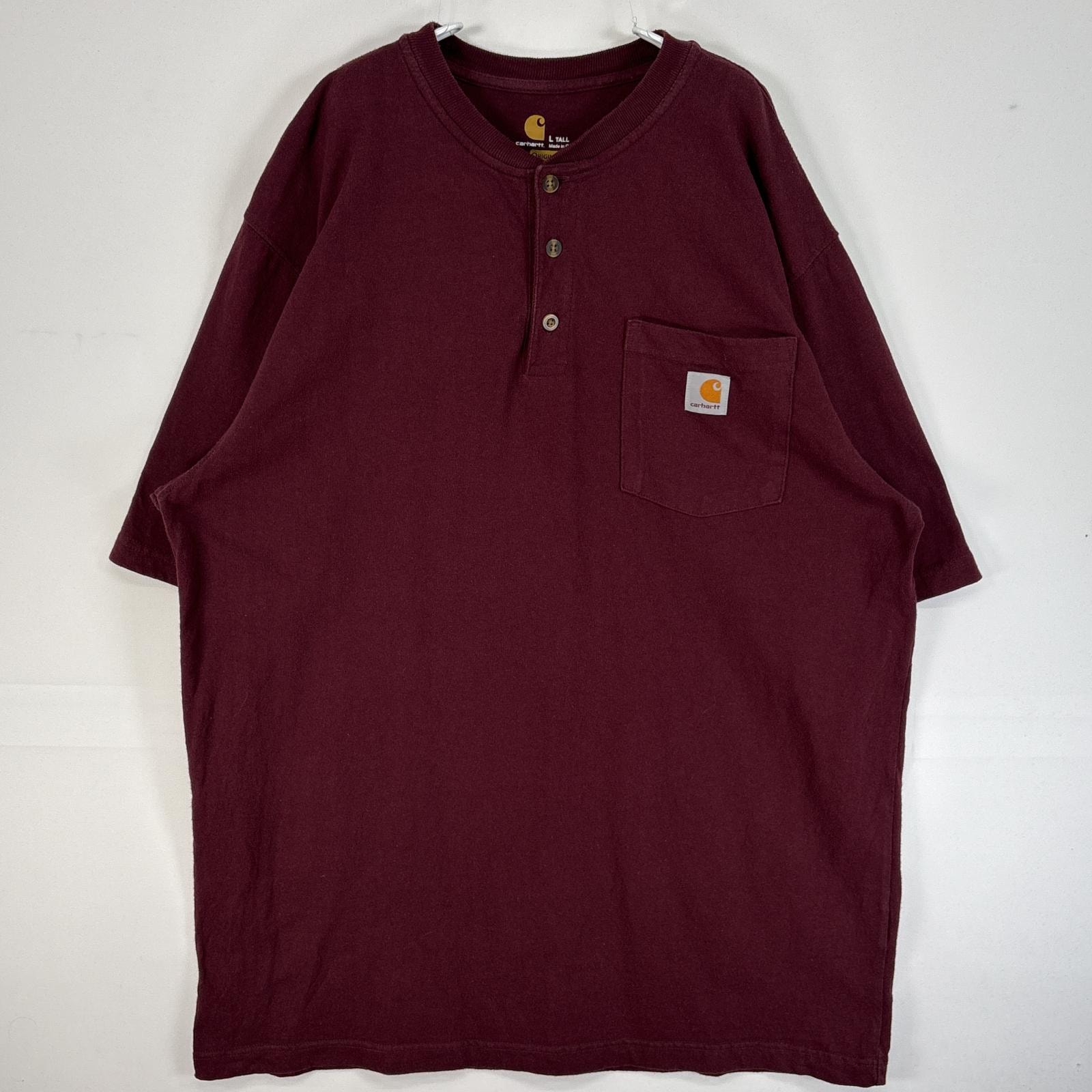 古着 カーハート Carhartt 半袖Tシャツ ヘンリーネック 肉厚 ワンポイント ロゴ 胸ポケ L  ワインレッド 無地 メンズ