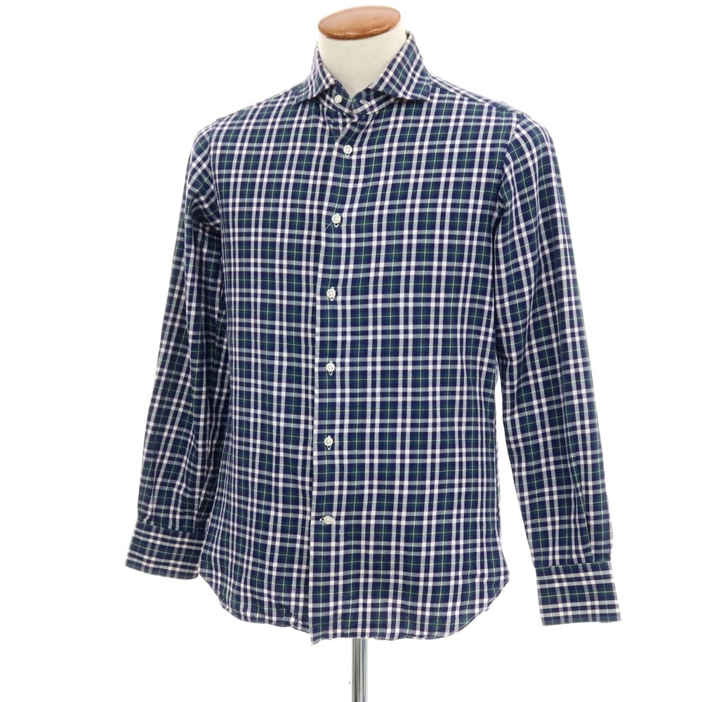 【中古】ビームスエフ BEAMS F コットン チェック ホリゾンタルカラー カジュアルシャツ ネイビーxグリーン【サイズM】【メンズ】