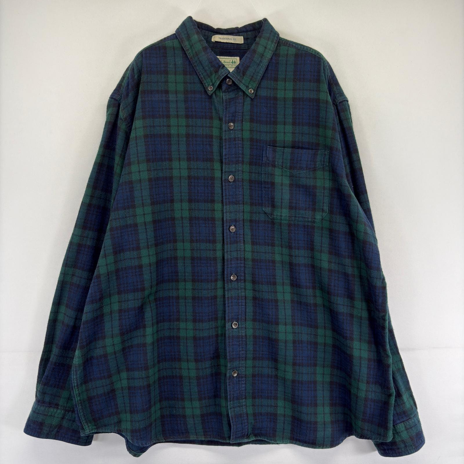 古着 エルエルビーン L.L.Bean 長袖シャツ ボタンダウン 大きいサイズ ネルシャツ 胸ポケット XL  グリーン系 チェック メンズ