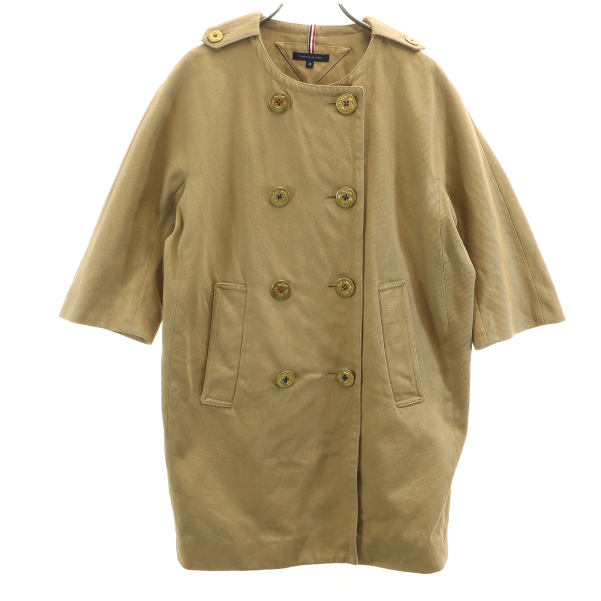 TOMMY HILFIGER トミーヒルフィガー 日本製 ダブルブレスト ノーカラーコート M ベージュ
