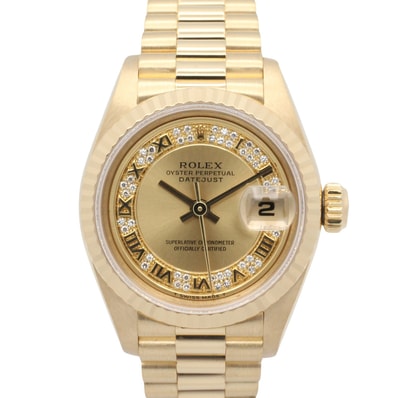 ロレックス ROLEX デイトジャスト ミリヤードダイヤ W番 腕時計 時計 K18(イエローゴールド) ダイヤモンド レディース ゴールド系 シャンパン/ミリヤード/ローマ 69178MR 【中古】