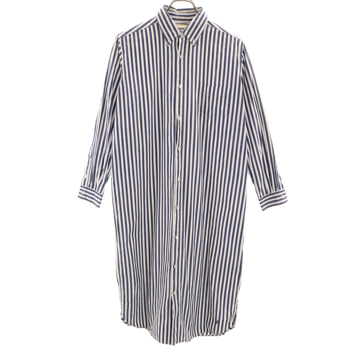 BEAMS BOY ビームスボーイ 日本製 ストライプ柄 長袖 ボタンダウン ロング シャツワンピース ネイビー系