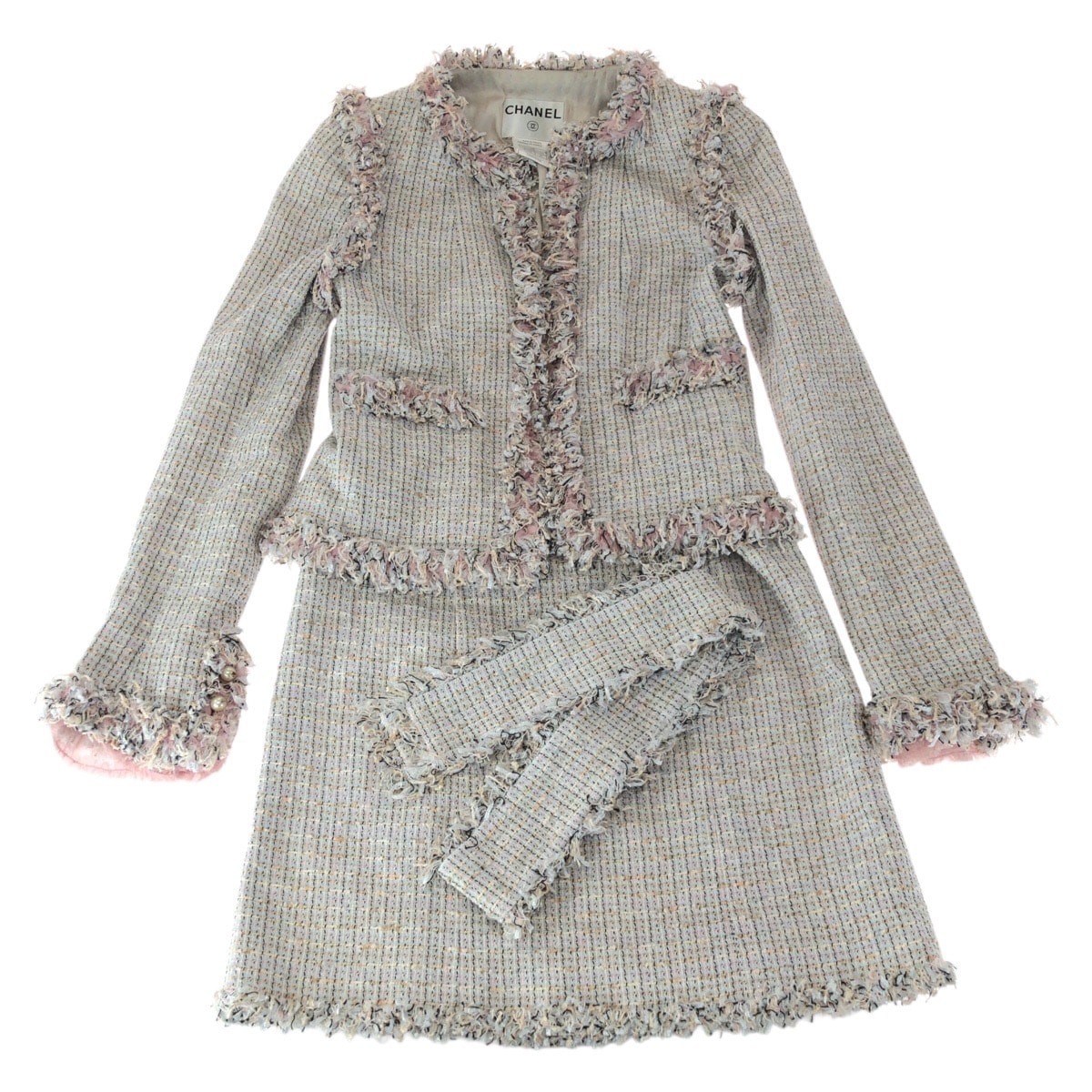 美品 CHANEL シャネル ツイード ココマーク サイズ38 ピンク コットン ポリエステル/ セットアップ スーツ ジャケット スカート 601586 【中古】