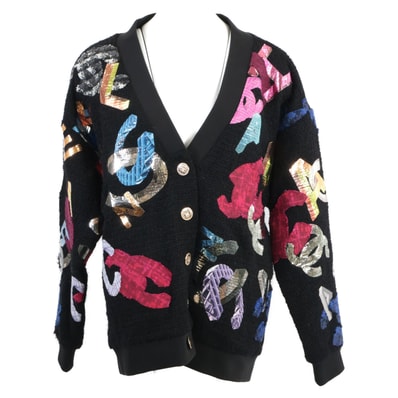 シャネル 美品 P72995K10507 22AW ココマーク マルチパッチ ツイード切替 スウェットカーディガン 38/40