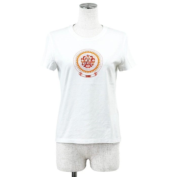 【SALE】HERMES エルメス 半袖Tシャツ サイズ 36 レディース エンブレム プリント トップス ホワイト オレンジ 白 橙色 フランス製