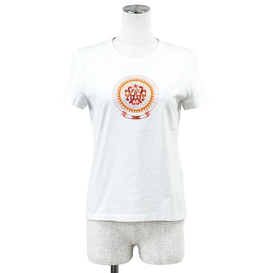 【SALE】HERMES エルメス 半袖Tシャツ サイズ 36 レディース エンブレム プリント トップス ホワイト オレンジ 白 橙色 フランス製