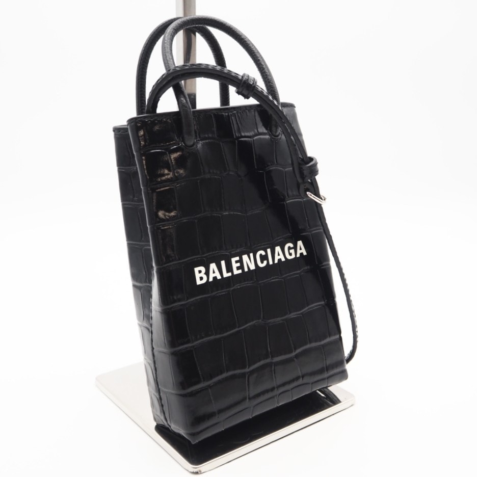 極美品 BALENCIAGA バレンシアガ カーフレザー ショッピング フォンホルダー 2WAYバッグ 593826 2wayショルダーバッグ ブラック ホワイト レザー レディース