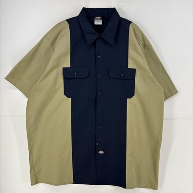 古着 ディッキーズ Dickies 半袖シャツ ワーク 作業着 ワンポイント ロゴ 大きいサイズ ツートンカラー 3XL ネイビー メンズ
