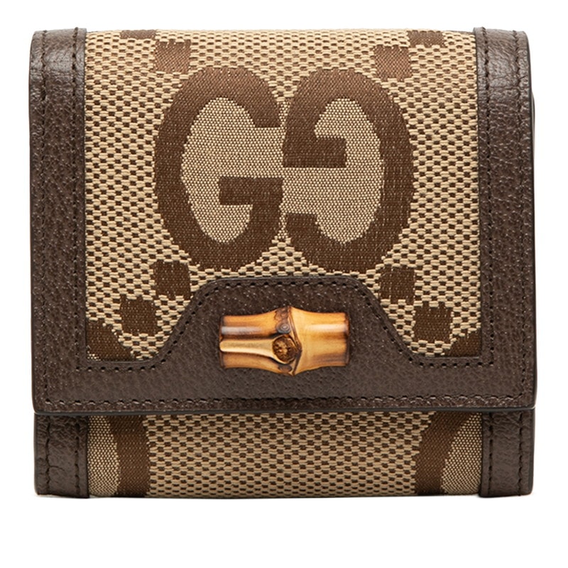 グッチ ジャンボGG  バンブー 二つ折り財布 658635 ベージュ ブラウン キャンバス レザー レディース GUCCI 【中古】