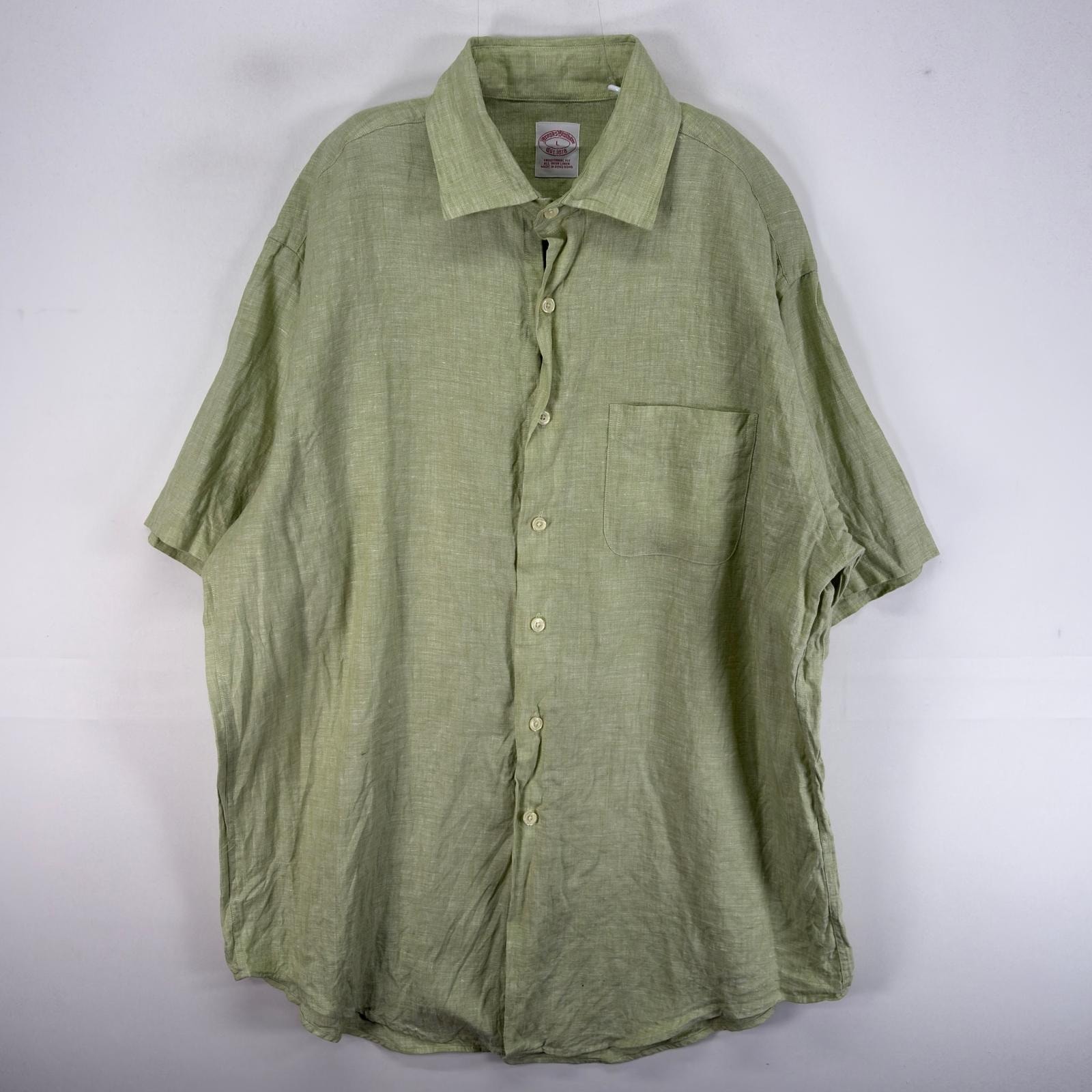 古着 ブルックスブラザーズ Brooks Brothers 半袖シャツ 胸ポケ 1818 リネン L  グリーン系 無地 メンズ