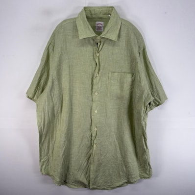 古着 ブルックスブラザーズ Brooks Brothers 半袖シャツ 胸ポケ 1818 リネン L グリーン系 無地 メンズ