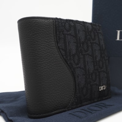 極美品 Dior ディオール グレインドカーフスキン ディオール オブリーク ジャカード マーケトリー コインケース付き Saddle ウォレット 2ADBC306YKS 二つ折り財布 ネイビー ブラック グレインカーフレザー キャンバス メンズ