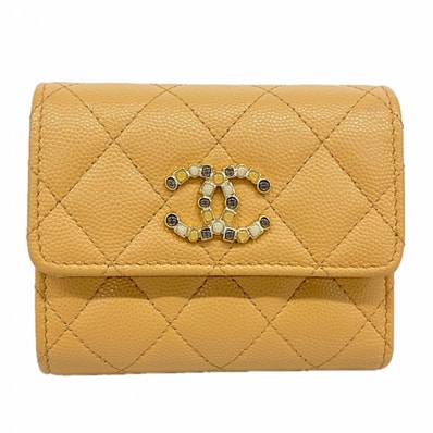 ★SALE【6da0617】シャネル 三つ折り財布 マトラッセ キャビアスキン ベージュ シャンパンゴールド金具【中古】レディース