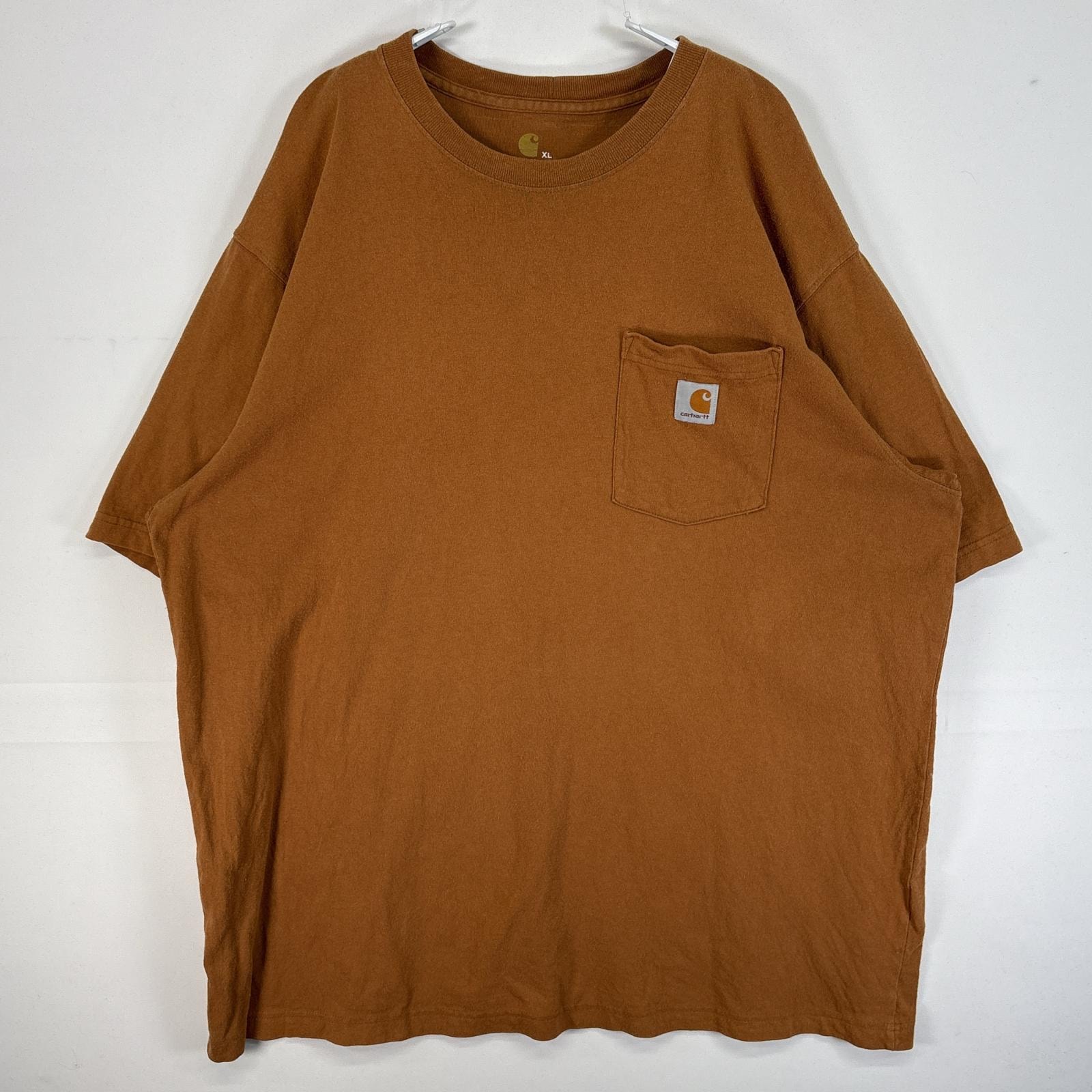 古着 カーハート Carhartt 半袖Tシャツ 大きいサイズ 肉厚 ワンポイント ロゴ 胸ポケ XL  ブラウン 無地 メンズ