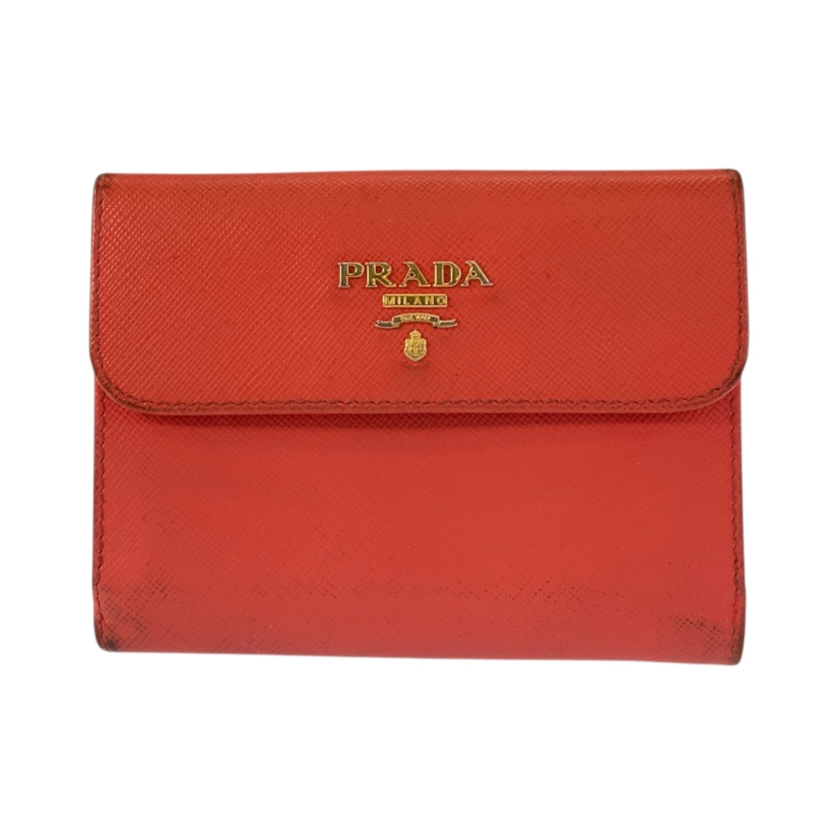 PRADA プラダ ロゴ オレンジ ゴールド金具 レザー 折財布 コンパクトウォレット 601213 【中古】