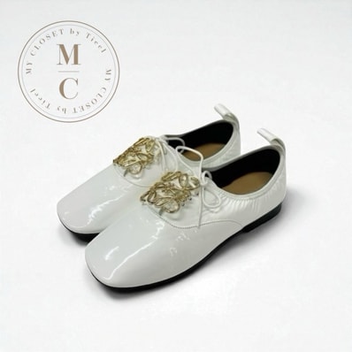 ロエベ LOEWE フラットシューズ 靴 シューズ パテント ホワイト 白 ゴールド 未使用 アナグラム ソフトダービー レースアップシューズ