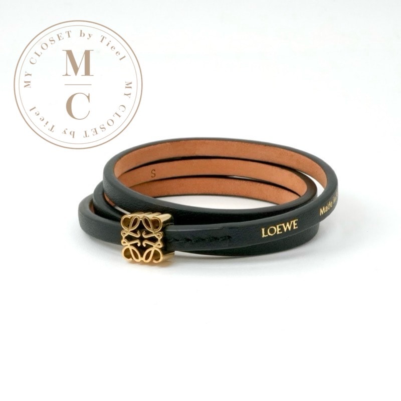 ロエベ LOEWE ブレスレット バングル カフ ブラック ゴールド アナグラム ロゴ ツイストバングル カーフレザー