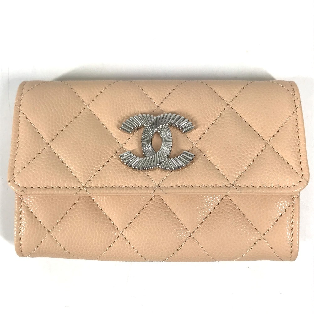 シャネル CHANEL CC ココマーク ロゴ AP4333 財布 小銭入れ 名刺入れ パスケース フラップ カードケース キャビアスキン ベージュ 未使用
