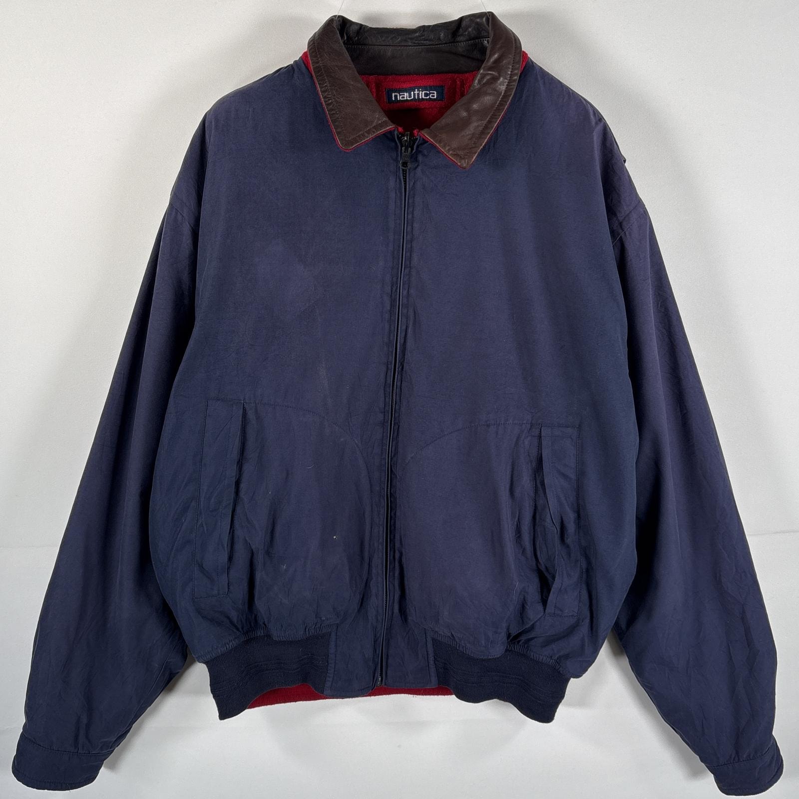 古着 90's/90年代 ノーティカ NAUTICA リバーシブルジャケット フェイクスウェード×フリース 襟レザー XL ネイビー レッド メンズ