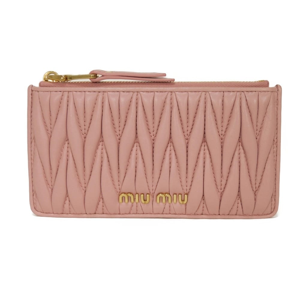 MIUMIU ミュウミュウ マテラッセ フラグメントケース ギャザー ラムスキン カードケース パスケース 名刺入れ 小銭入れ 財布 RFID ICチップ ロゴ メタル ピンク コインケース 5MB006