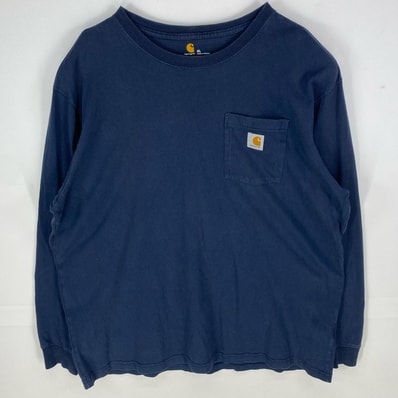 古着 カーハート Carhartt 長袖Tシャツ ロンT クルーネック ワンポイントロゴ XL ネイビー系 メンズ