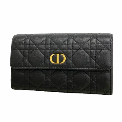 【6ib2872】クリスチャンディオール 長財布 カナージュ レザー ブラック ゴールド金具【中古】レディース