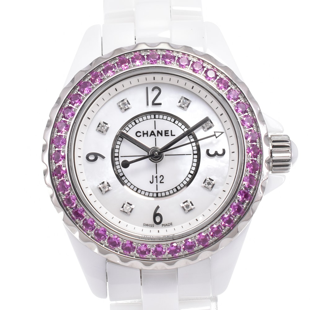 シャネル CHANEL H3243 J12 ダイヤモンド ピンクサファイア ホワイトシェル クォーツ レディース 美品 箱・保証書付き 腕時計 D#147237