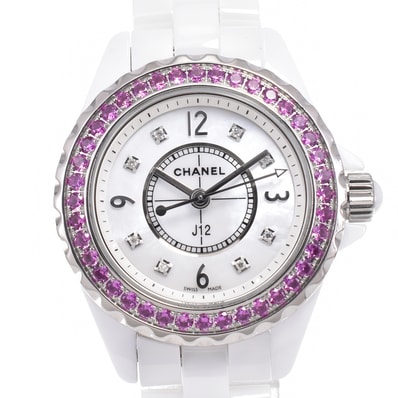 シャネル CHANEL H3243 J12 ダイヤモンド ピンクサファイア ホワイトシェル クォーツ レディース 美品 箱・保証書付き 腕時計 D#147237