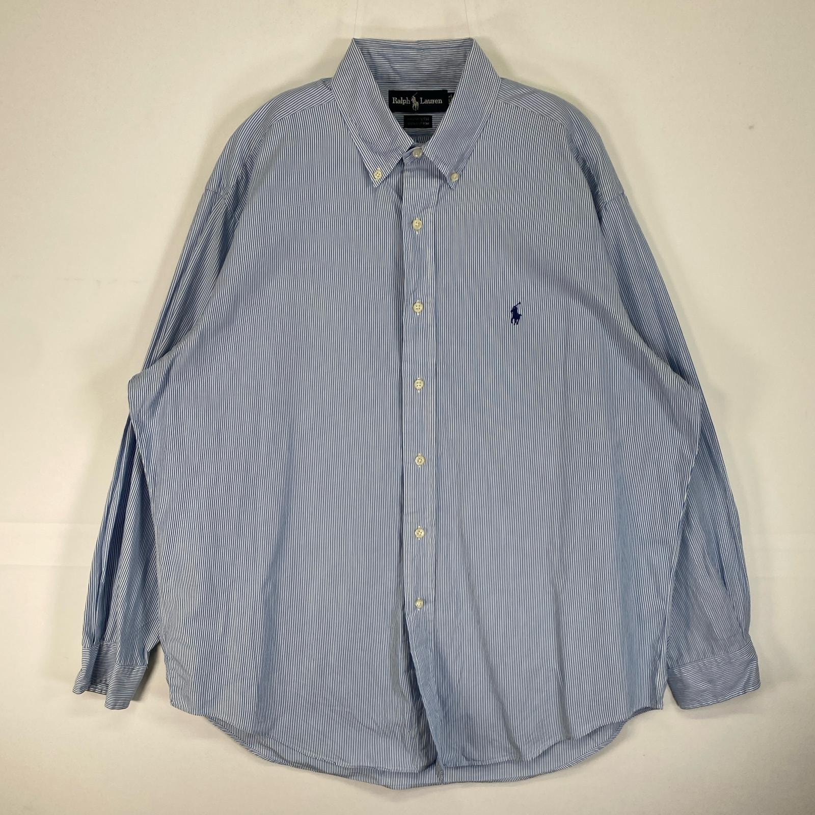 古着 ラルフローレン RALPH LAUREN 長袖シャツ ロゴ 刺繍 ボタンダウン XL  水色 ストライプ メンズ