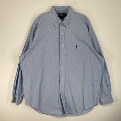 古着 ラルフローレン RALPH LAUREN 長袖シャツ ロゴ 刺繍 ボタンダウン XL 水色 ストライプ メンズ