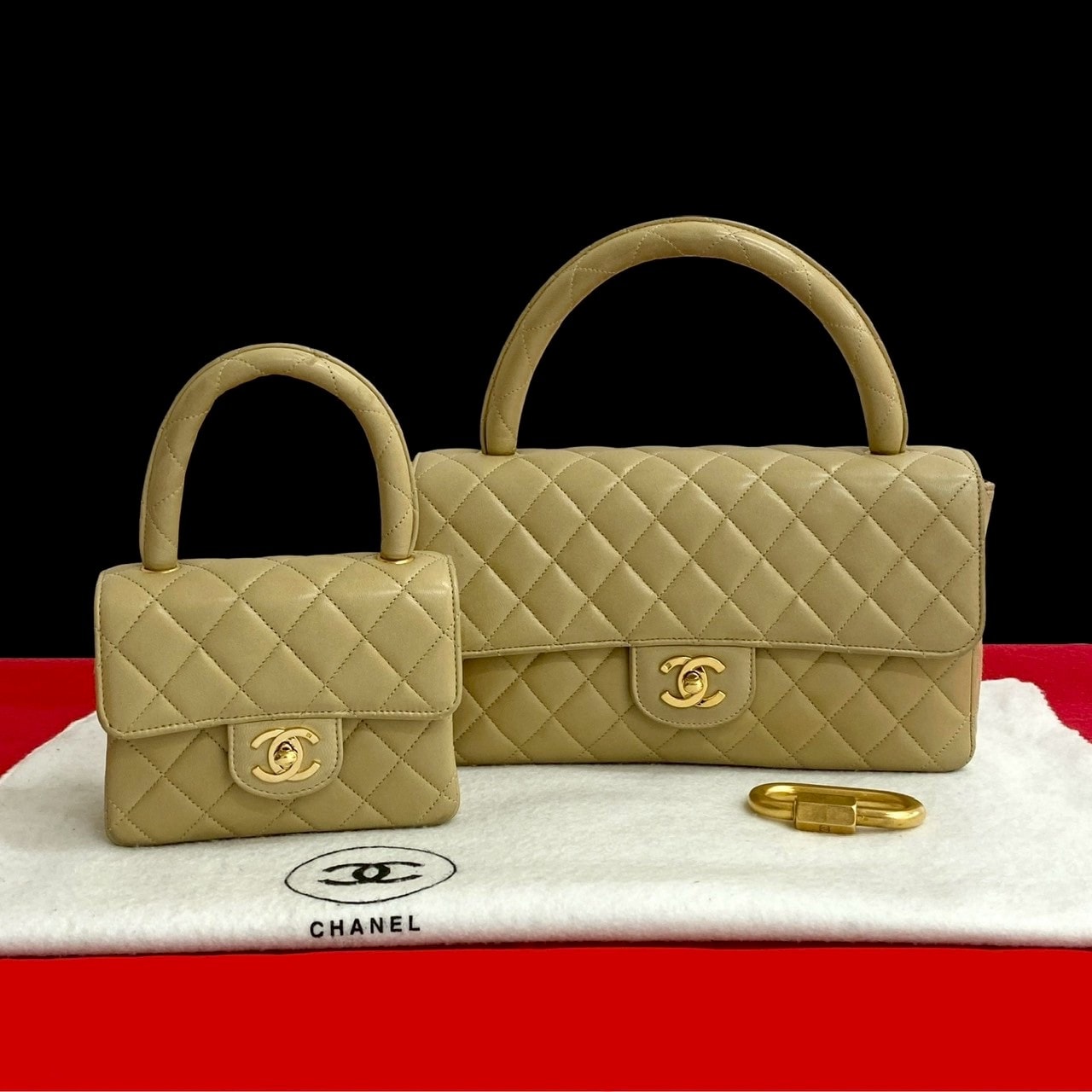 CHANEL シャネル 親子バッグ マトラッセ ココマーク ラムスキン ハンドバッグ ベージュ
 30535