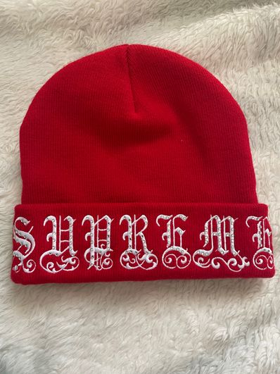 Supreme Old English Rhinestone Beanie "Red"
