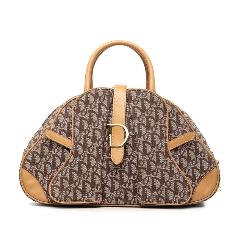 ディオール トロッター ダブルサドル ロゴ ジャカード ハンドバッグ MA1001 ベージュ ブラウン キャンバス レザー レディース Dior 中古