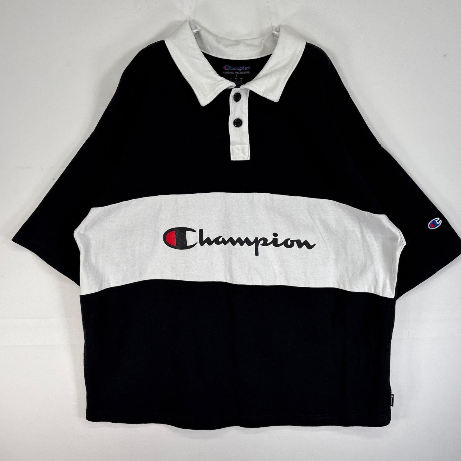 古着 チャンピオン Champion 半袖 ポロシャツ プリント ワッペン ロゴ 2ボタン L  ブラック系 ツートン メンズ
