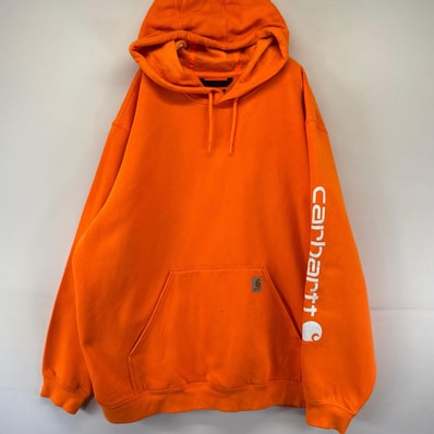 古着 カーハート Carhartt パーカー プルオーバー 袖ロゴ プリント スウェット ルーズフィット 大きいサイズ 2XL オレンジ系 メンズ