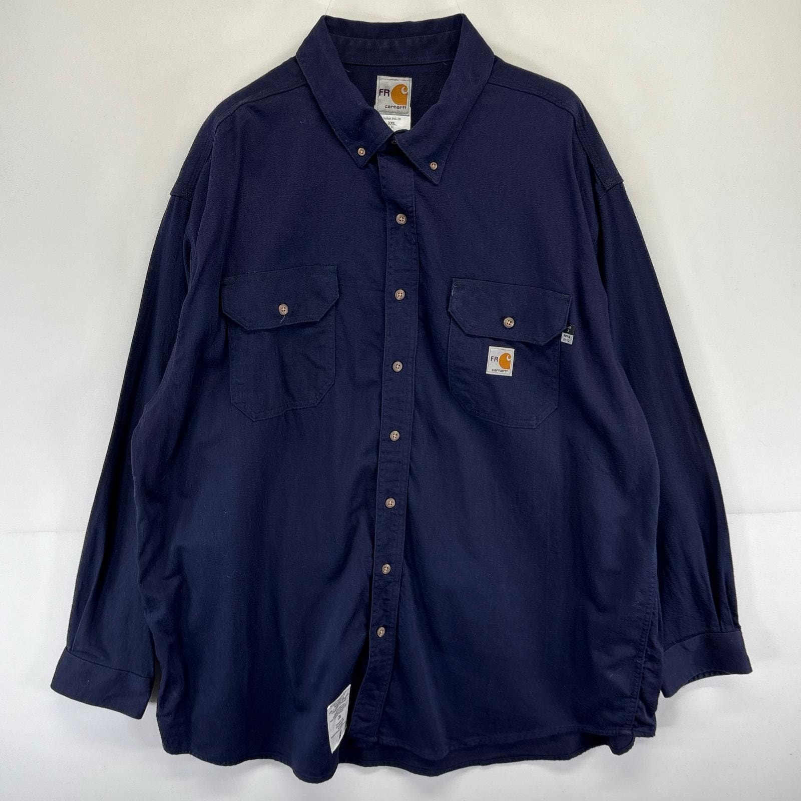 古着 カーハート Carhartt 長袖シャツ FR ワンポイントロゴ ロゴ 胸ポケット 大きいサイズ 2XL  ネイビー系 メンズ