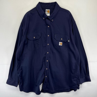 古着 カーハート Carhartt 長袖シャツ FR ワンポイントロゴ ロゴ 胸ポケット 大きいサイズ 2XL ネイビー系 メンズ