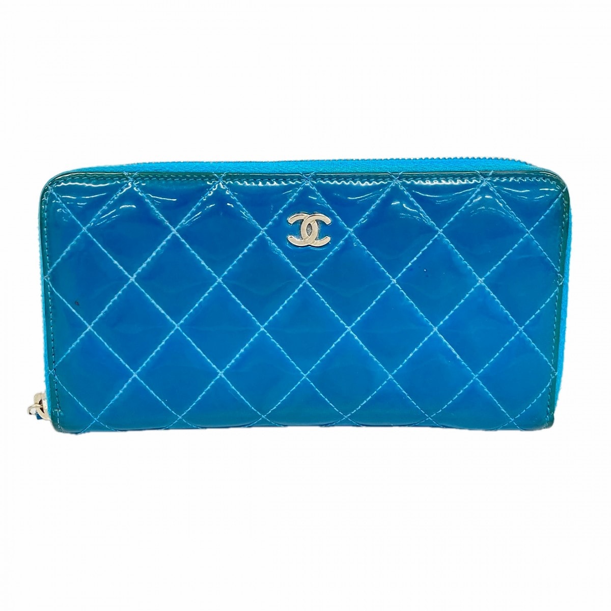 【6db1439】シャネル 長財布 マトラッセ パテントレザー ターコイズブルー シルバー金具【中古】レディース