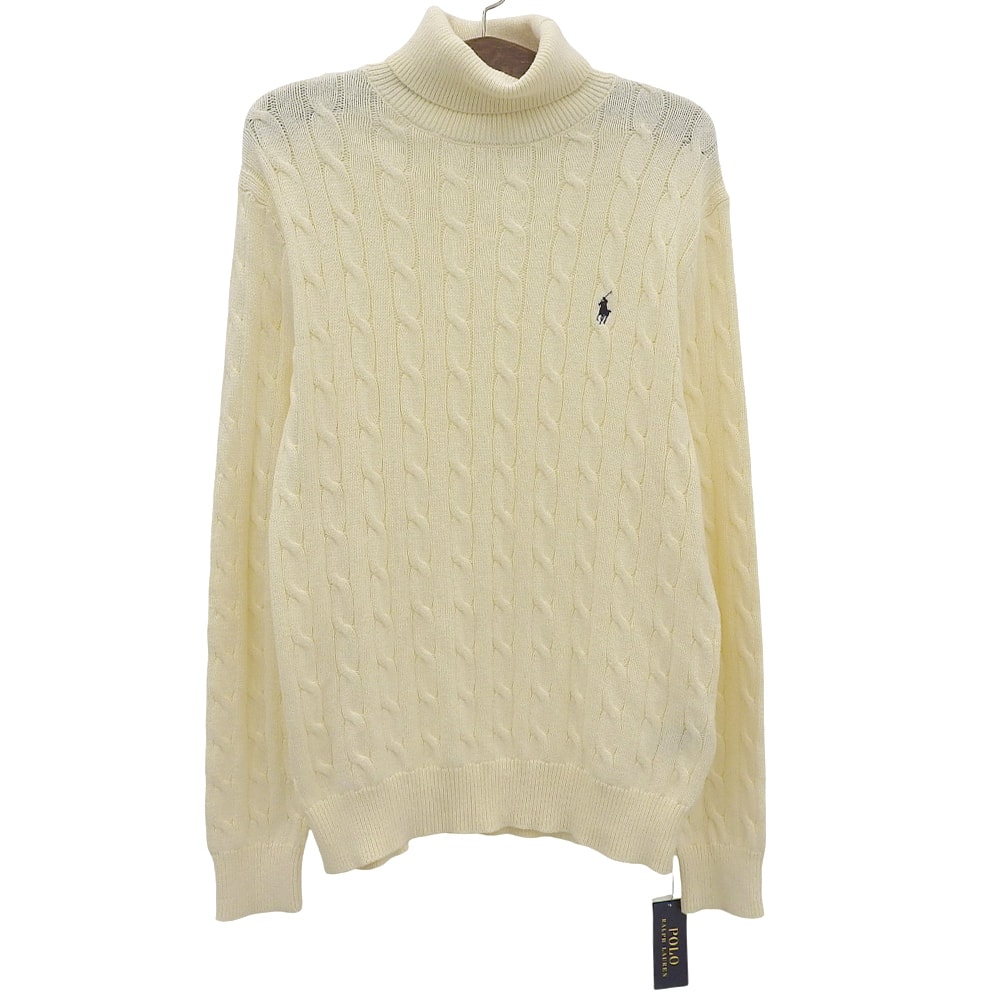 ポロ ラルフローレン 新品同様 コットン ハイネック ケーブルニット トップス メンズ オフホワイト XL XL