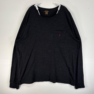 古着 ポロ・ラルフローレン POLO RALPH LAUREN 長袖Tシャツ ロゴ 刺繍 クルーネック 胸ポケ XL ブラック 無地 メンズ