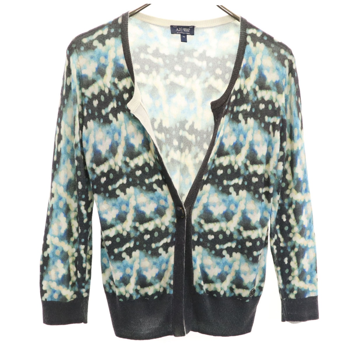 ARMANI JEANS アルマーニジーンズ 総柄 7分袖 ニットカーディガン 42 ブルー