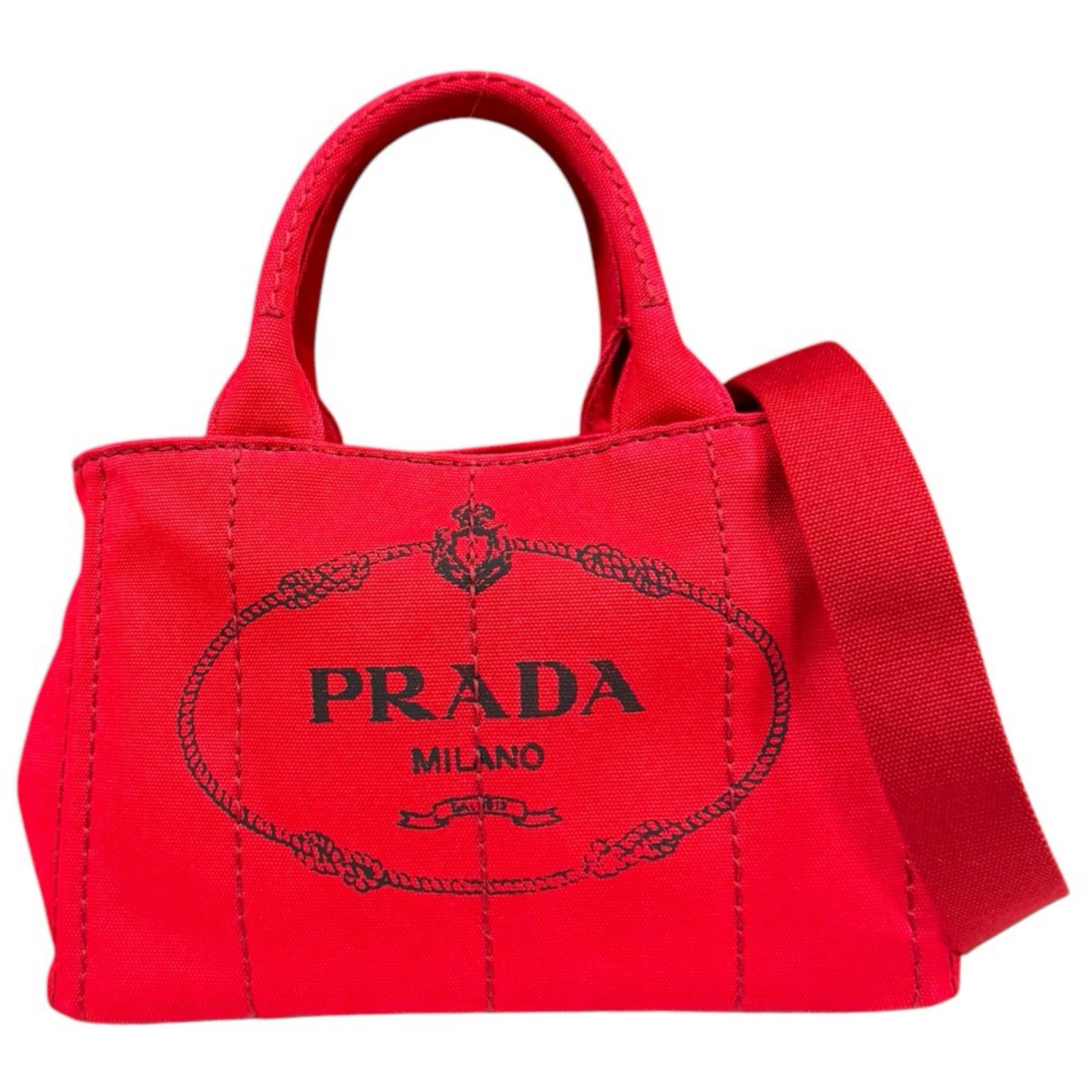 PRADA プラダ カナパ Sサイズ 三角ロゴ ハンドバッグ キャンバス 赤 B (目立った傷や汚れなし)】プラダ カナパトートSS ショルダーバッグ