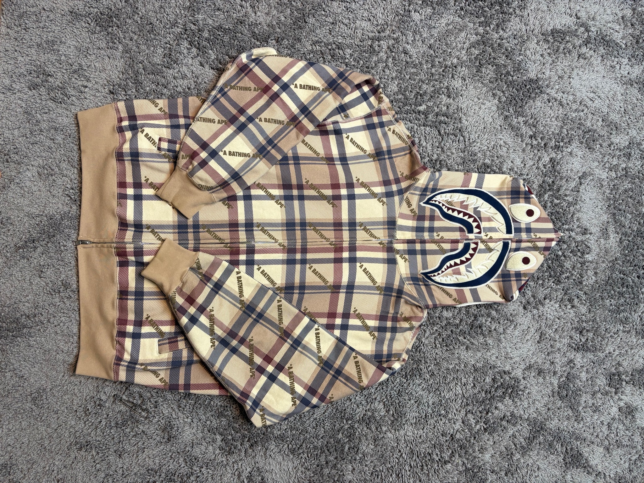 A BATHING APE Bape Logo Check Pattern Shark Full Zip Hoodie "Beige"