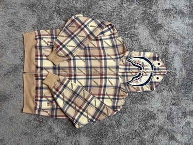 A BATHING APE Bape Logo Check Pattern Shark Full Zip Hoodie "Beige"