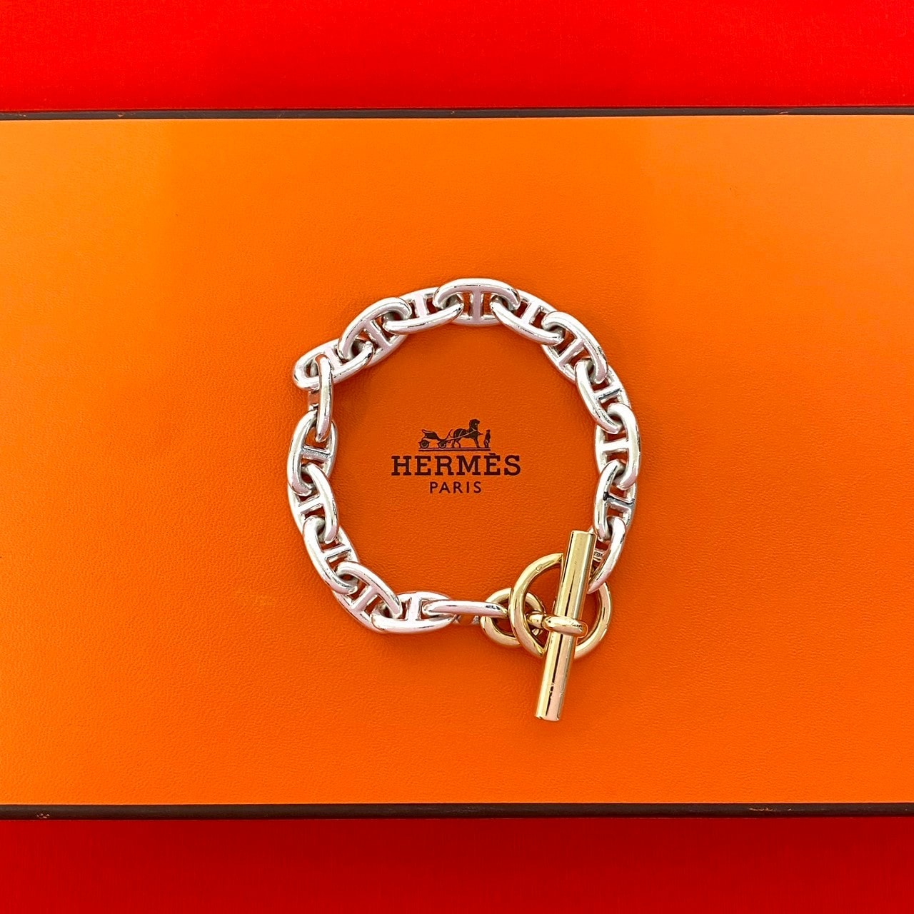 HERMES エルメス シェーヌダンクル MM 17コマ マルジェラ期 シルバー925 K18イエローゴールド ブレスレット シルバー
 24004