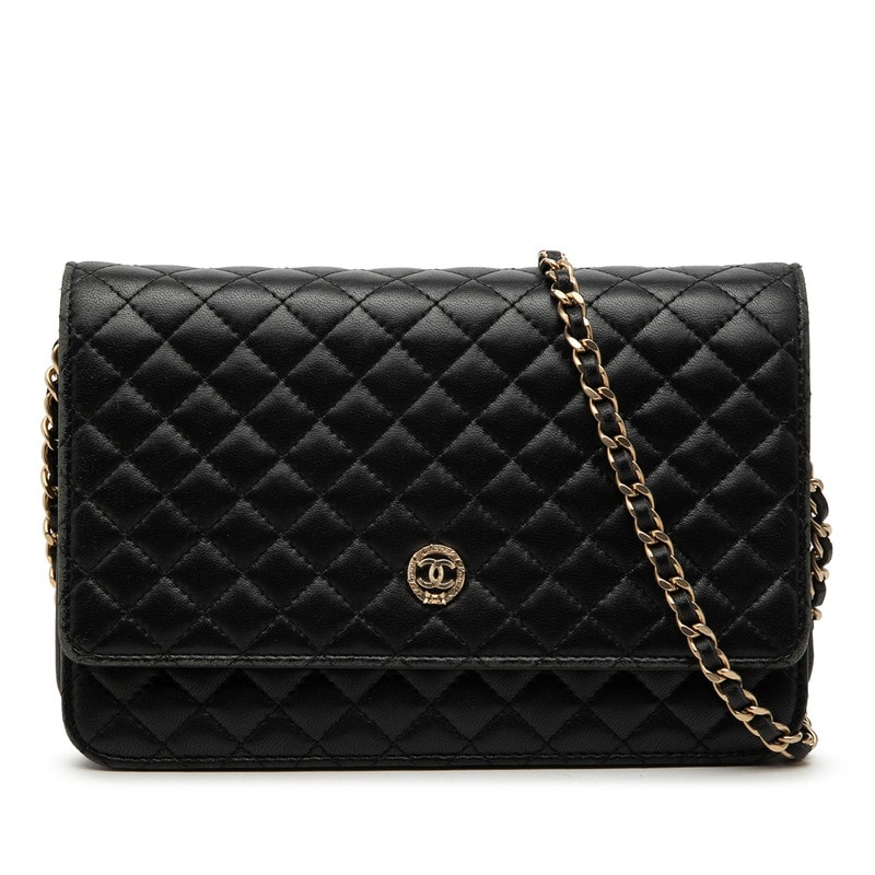 シャネル ココマーク マイクロマトラッセ チェーンウォレット ショルダーバッグ ブラック ラムスキン レディース CHANEL 【中古】